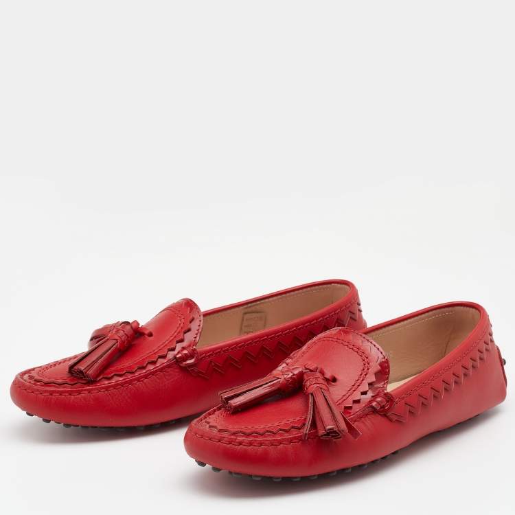 Pre Owned Tod's Red Leather Tassel Slip On Loafers Size 39