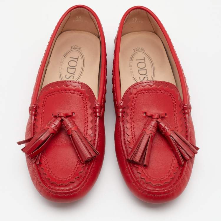Pre Owned Tod's Red Leather Tassel Slip On Loafers Size 39
