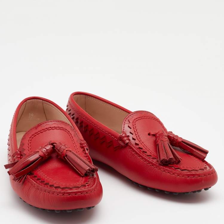 Pre Owned Tod's Red Leather Tassel Slip On Loafers Size 39