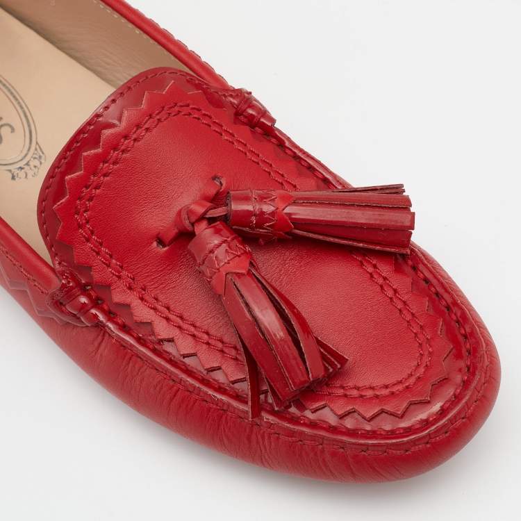 Pre Owned Tod's Red Leather Tassel Slip On Loafers Size 39