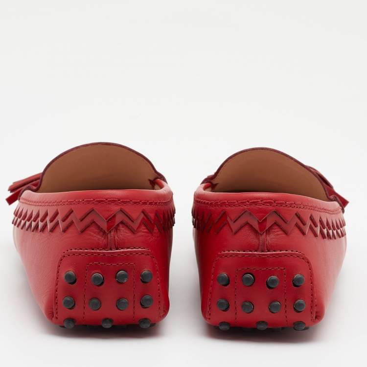 Pre Owned Tod's Red Leather Tassel Slip On Loafers Size 39