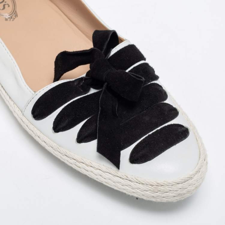 Pre Owned Tod's White/Black Leather and Suede Lace-Up Gommino Espadrille Loafers Size 39.5