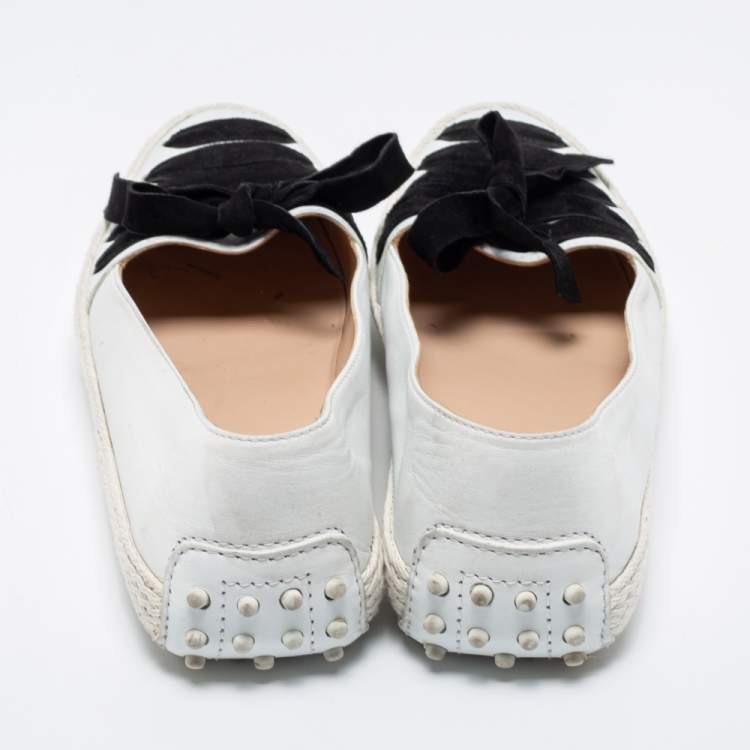 Pre Owned Tod's White/Black Leather and Suede Lace-Up Gommino Espadrille Loafers Size 39.5
