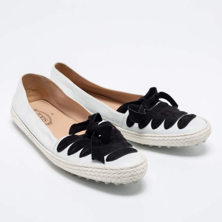 Pre Owned Tod's White/Black Leather and Suede Lace-Up Gommino Espadrille Loafers Size 39.5