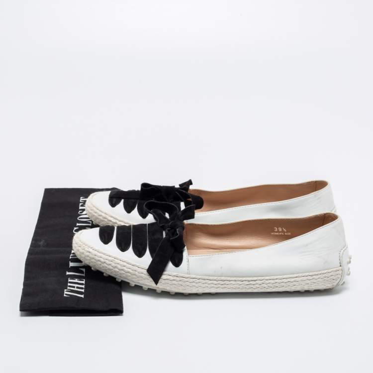 Pre Owned Tod's White/Black Leather and Suede Lace-Up Gommino Espadrille Loafers Size 39.5