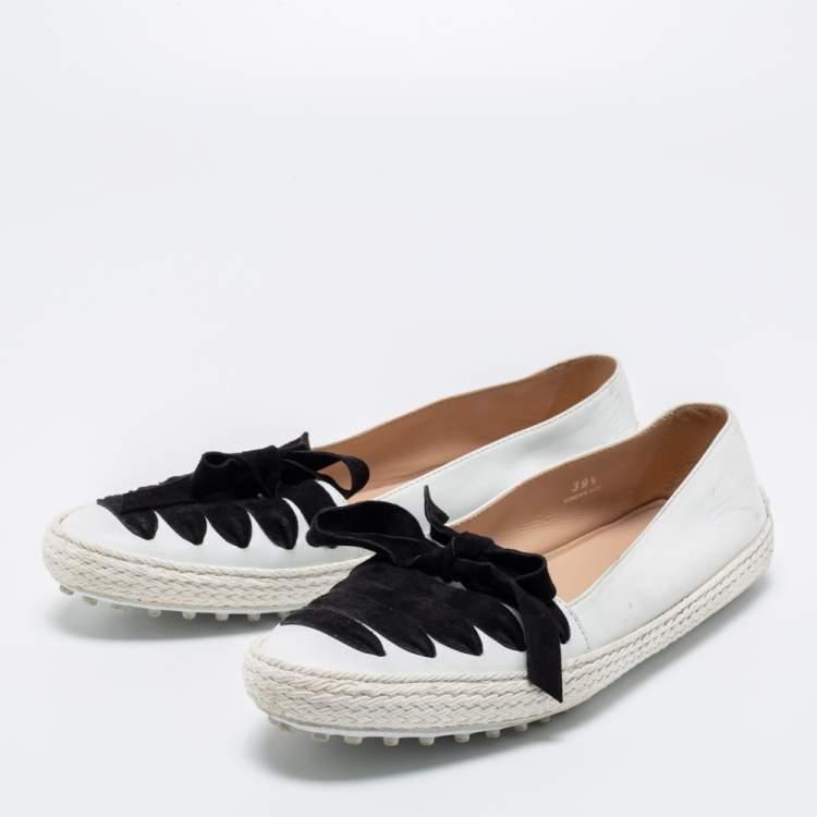 Pre Owned Tod's White/Black Leather and Suede Lace-Up Gommino Espadrille Loafers Size 39.5