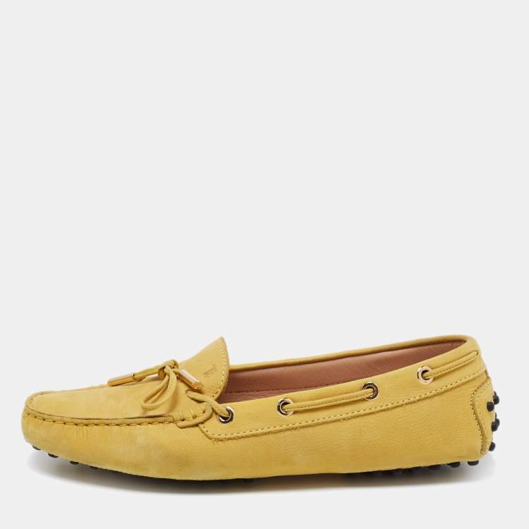 Pre Owned Tod's Yellow Suede Bow Loafers Size 38