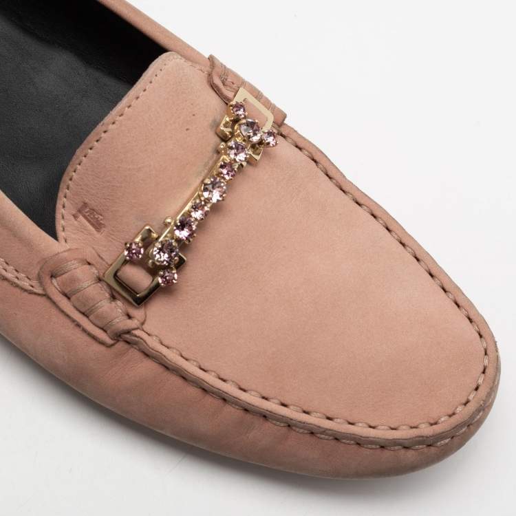 Pre Owned Tod's Pink Nubuck Leather Crystal Embellished Buckle Loafers Size 38.5