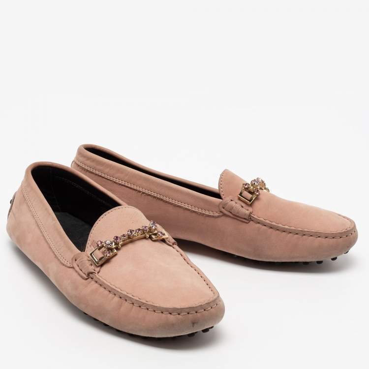 Pre Owned Tod's Pink Nubuck Leather Crystal Embellished Buckle Loafers Size 38.5