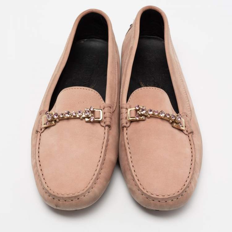 Pre Owned Tod's Pink Nubuck Leather Crystal Embellished Buckle Loafers Size 38.5
