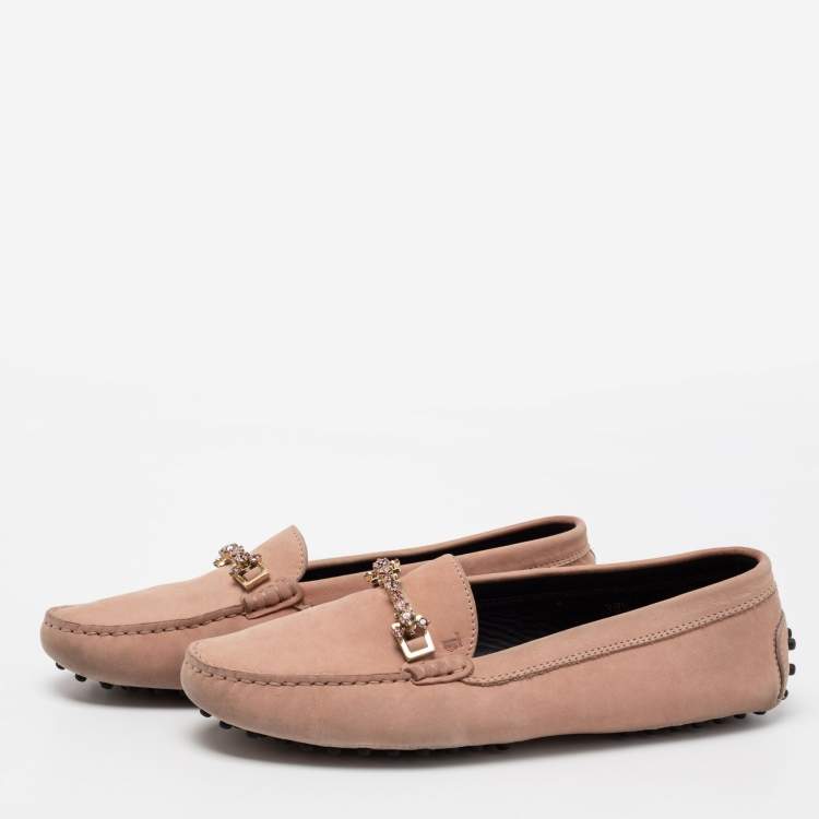 Pre Owned Tod's Pink Nubuck Leather Crystal Embellished Buckle Loafers Size 38.5