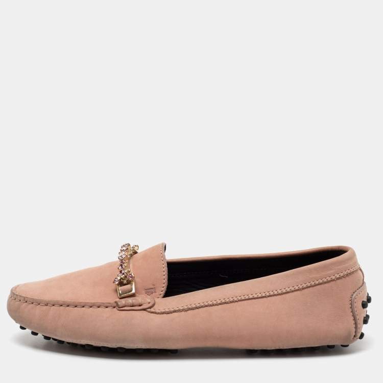 Pre Owned Tod's Pink Nubuck Leather Crystal Embellished Buckle Loafers Size 38.5