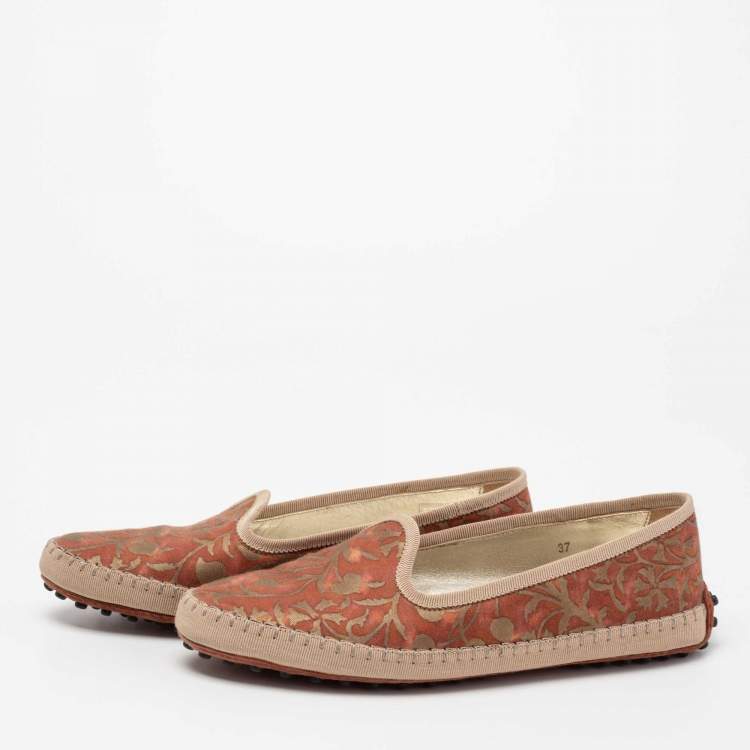 Pre Owned Tod's Orange Floral Printed Canvas Gommino Smoking Slippers Size 37