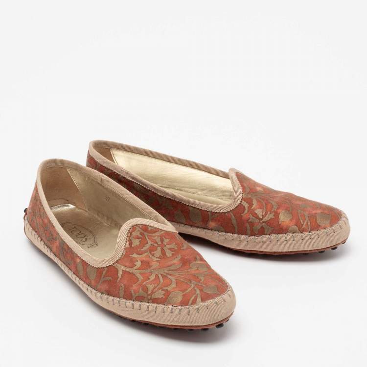 Pre Owned Tod's Orange Floral Printed Canvas Gommino Smoking Slippers Size 37