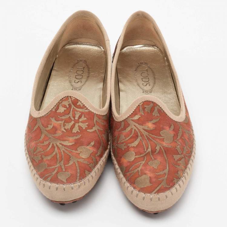 Pre Owned Tod's Orange Floral Printed Canvas Gommino Smoking Slippers Size 37