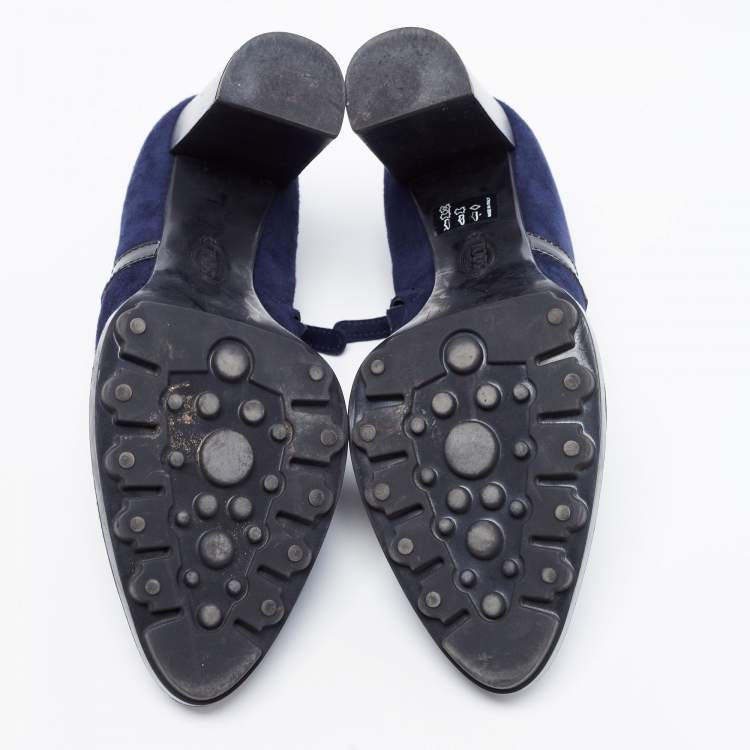 Pre Owned Tod's Navy Blue/Black Suede And Patent Leather Whipstitch Detail Ankle Booties Size 39