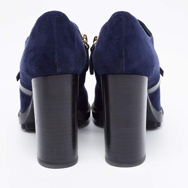 Pre Owned Tod's Navy Blue/Black Suede And Patent Leather Whipstitch Detail Ankle Booties Size 39