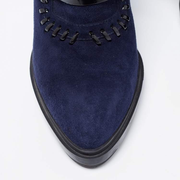 Pre Owned Tod's Navy Blue/Black Suede And Patent Leather Whipstitch Detail Ankle Booties Size 39