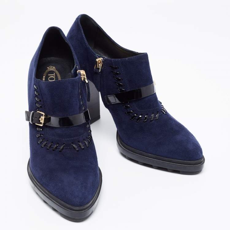 Pre Owned Tod's Navy Blue/Black Suede And Patent Leather Whipstitch Detail Ankle Booties Size 39