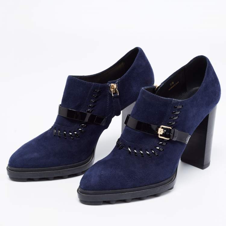 Pre Owned Tod's Navy Blue/Black Suede And Patent Leather Whipstitch Detail Ankle Booties Size 39