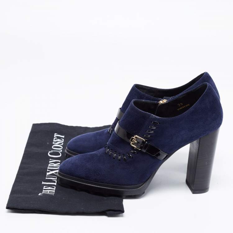 Pre Owned Tod's Navy Blue/Black Suede And Patent Leather Whipstitch Detail Ankle Booties Size 39