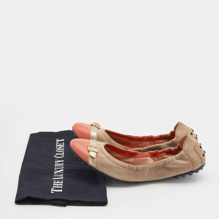 Pre Owned Tod's Beige/Oragne Suede And  Leather Cap Toe Scrunch Ballet Flats Size 38.5