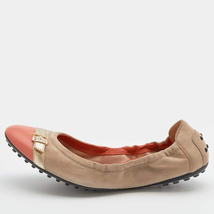 Pre Owned Tod's Beige/Oragne Suede And  Leather Cap Toe Scrunch Ballet Flats Size 38.5