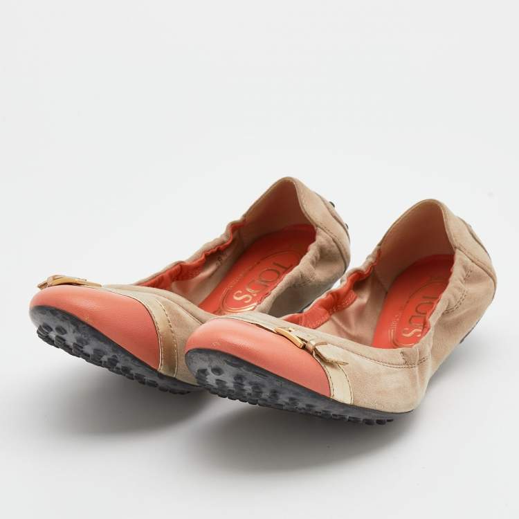 Pre Owned Tod's Beige/Oragne Suede And  Leather Cap Toe Scrunch Ballet Flats Size 38.5