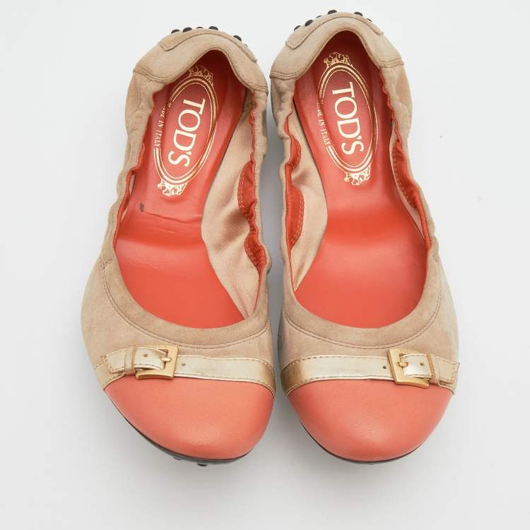 Pre Owned Tod's Beige/Oragne Suede And  Leather Cap Toe Scrunch Ballet Flats Size 38.5