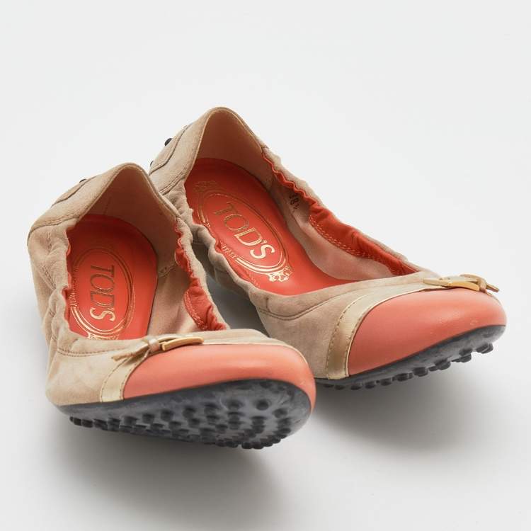 Pre Owned Tod's Beige/Oragne Suede And  Leather Cap Toe Scrunch Ballet Flats Size 38.5
