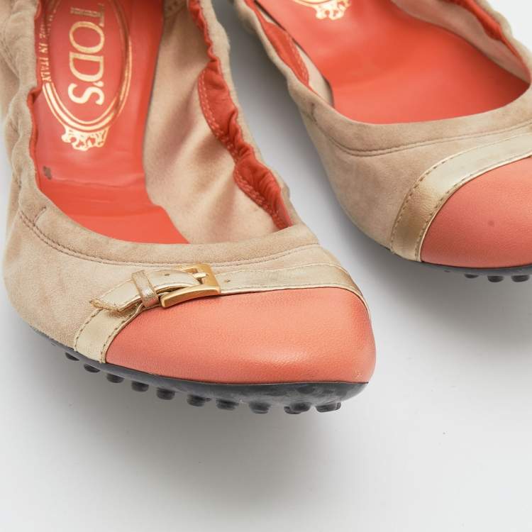 Pre Owned Tod's Beige/Oragne Suede And  Leather Cap Toe Scrunch Ballet Flats Size 38.5