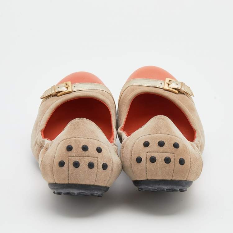 Pre Owned Tod's Beige/Oragne Suede And  Leather Cap Toe Scrunch Ballet Flats Size 38.5