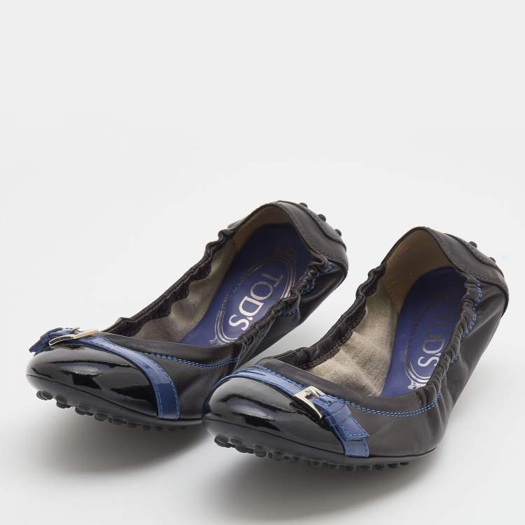 Pre Owned Tod's Dark Brown/Royal Blue Patent Leather and Leather Scrunch Ballet Flats Size 38.5