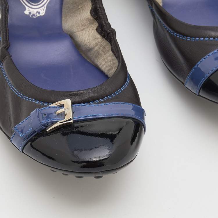 Pre Owned Tod's Dark Brown/Royal Blue Patent Leather and Leather Scrunch Ballet Flats Size 38.5