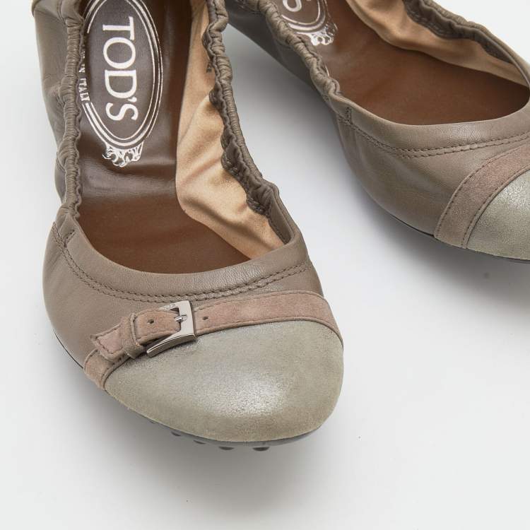 Pre Owned Tod's Taupe /Grey Leather and Suede Scrunch Ballet Flats Size 38.5