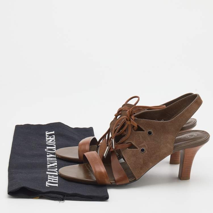 Pre Owned Tod's Brown Leather and Suede Lace Up Slingback Sandals Size 39