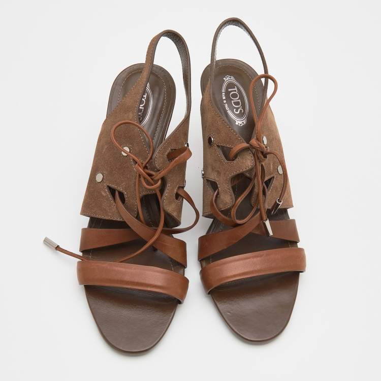 Pre Owned Tod's Brown Leather and Suede Lace Up Slingback Sandals Size 39