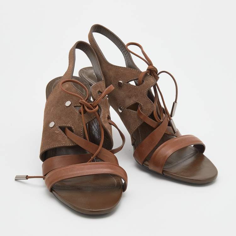 Pre Owned Tod's Brown Leather and Suede Lace Up Slingback Sandals Size 39