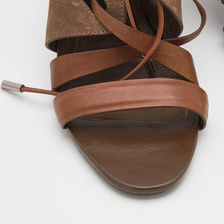 Pre Owned Tod's Brown Leather and Suede Lace Up Slingback Sandals Size 39