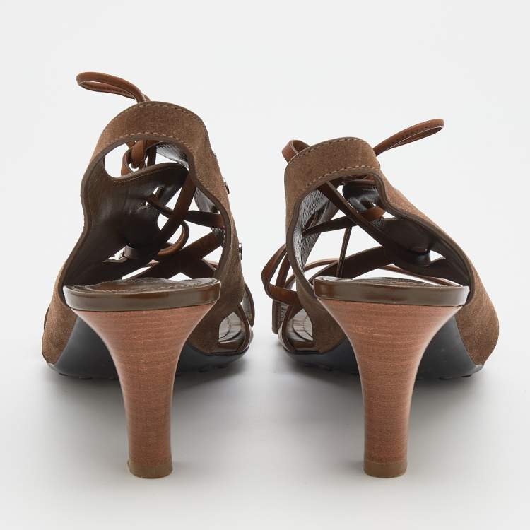 Pre Owned Tod's Brown Leather and Suede Lace Up Slingback Sandals Size 39