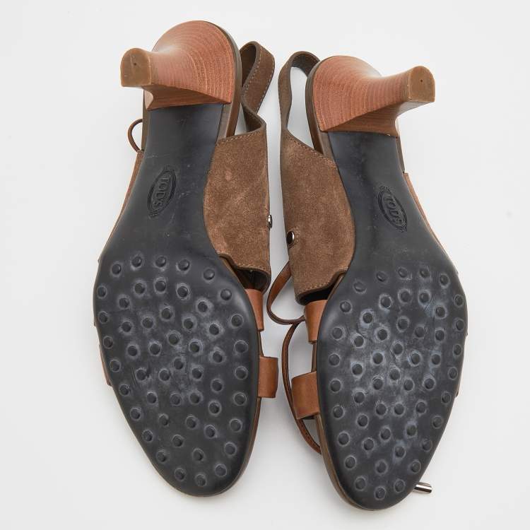 Pre Owned Tod's Brown Leather and Suede Lace Up Slingback Sandals Size 39