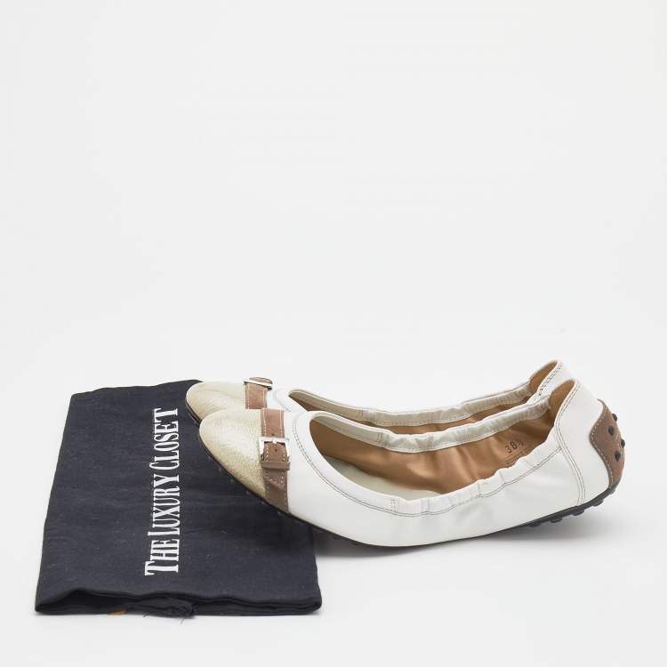 Pre Owned Tod's White/Beige Leather and Textured Patent Scrunch Ballet  Flats Size 38.5