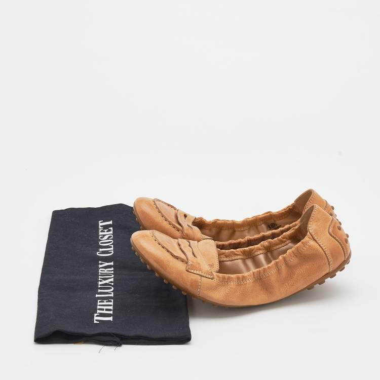 Pre Owned Tod's Brown Leather Scrunch Ballet Flats Size 38.5