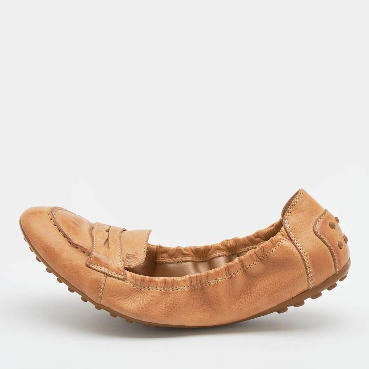 Pre Owned Tod's Brown Leather Scrunch Ballet Flats Size 38.5