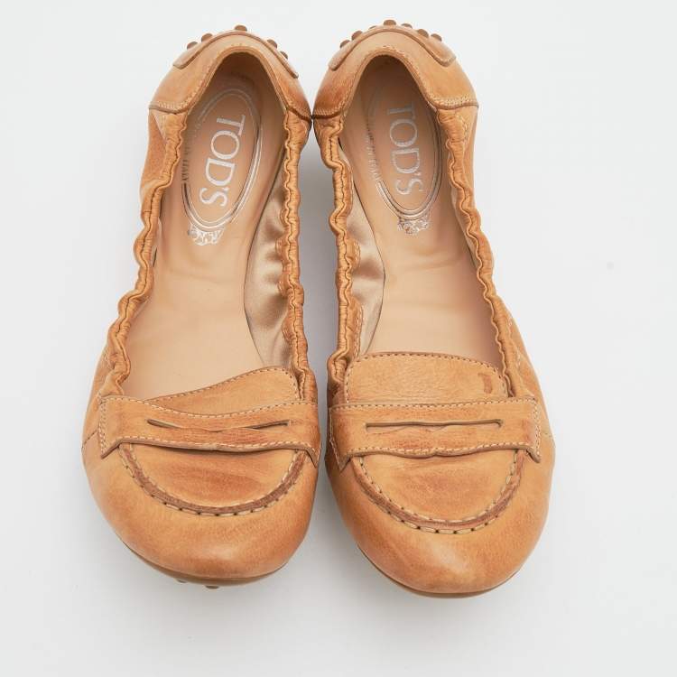 Pre Owned Tod's Brown Leather Scrunch Ballet Flats Size 38.5