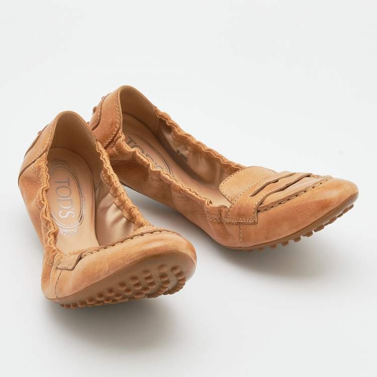 Pre Owned Tod's Brown Leather Scrunch Ballet Flats Size 38.5