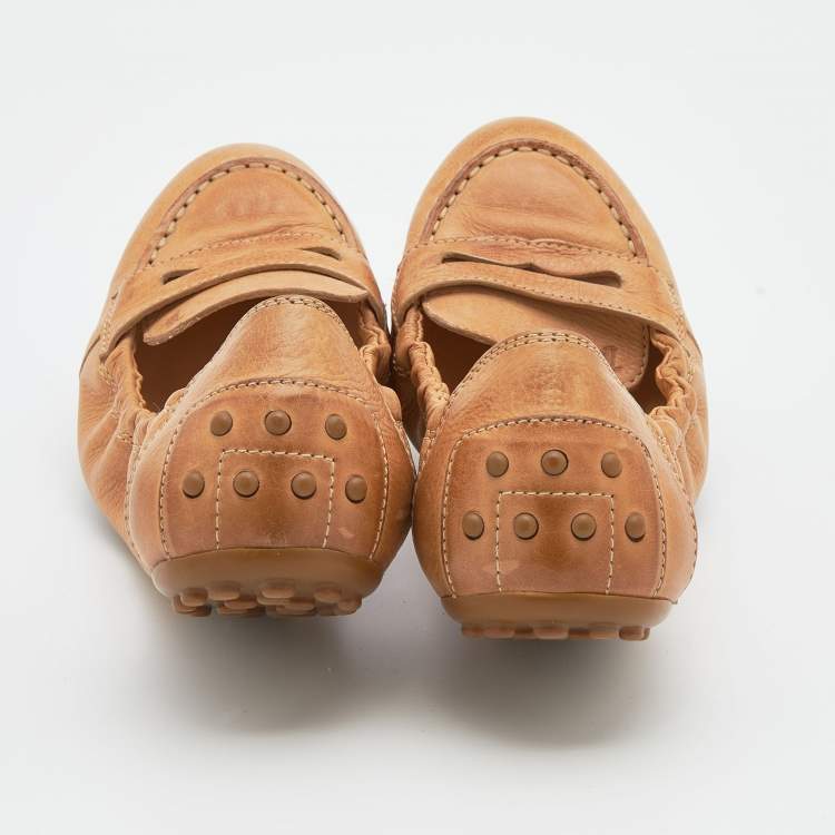 Pre Owned Tod's Brown Leather Scrunch Ballet Flats Size 38.5