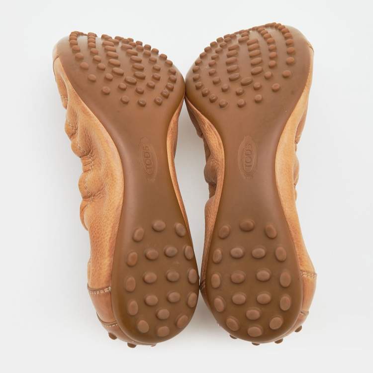 Pre Owned Tod's Brown Leather Scrunch Ballet Flats Size 38.5