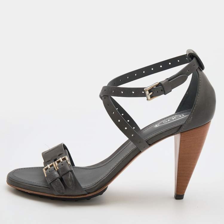 Pre Owned Tod's Grey Leather Buckle Detail Ankle Strap Sandals Size 39