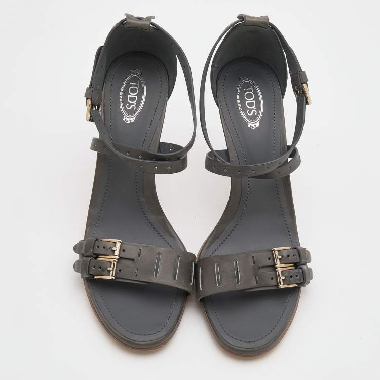Pre Owned Tod's Grey Leather Buckle Detail Ankle Strap Sandals Size 39